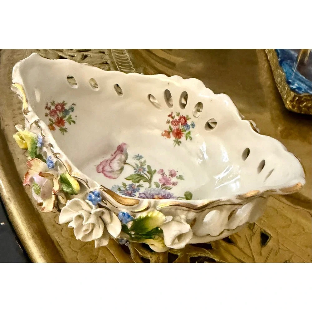 Vintage German Porcelain Reticulated Bowl Encrusted Flowers Gold Gilt Footed